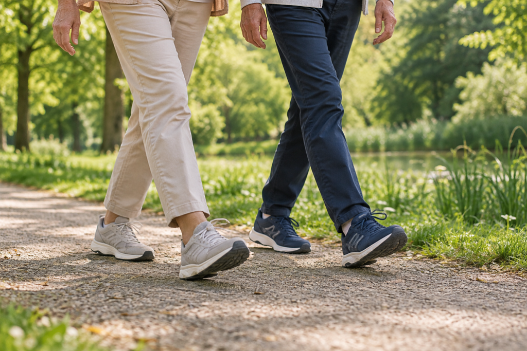 Twee mensen wandelen op comfortabele schoenen over een parkpad.